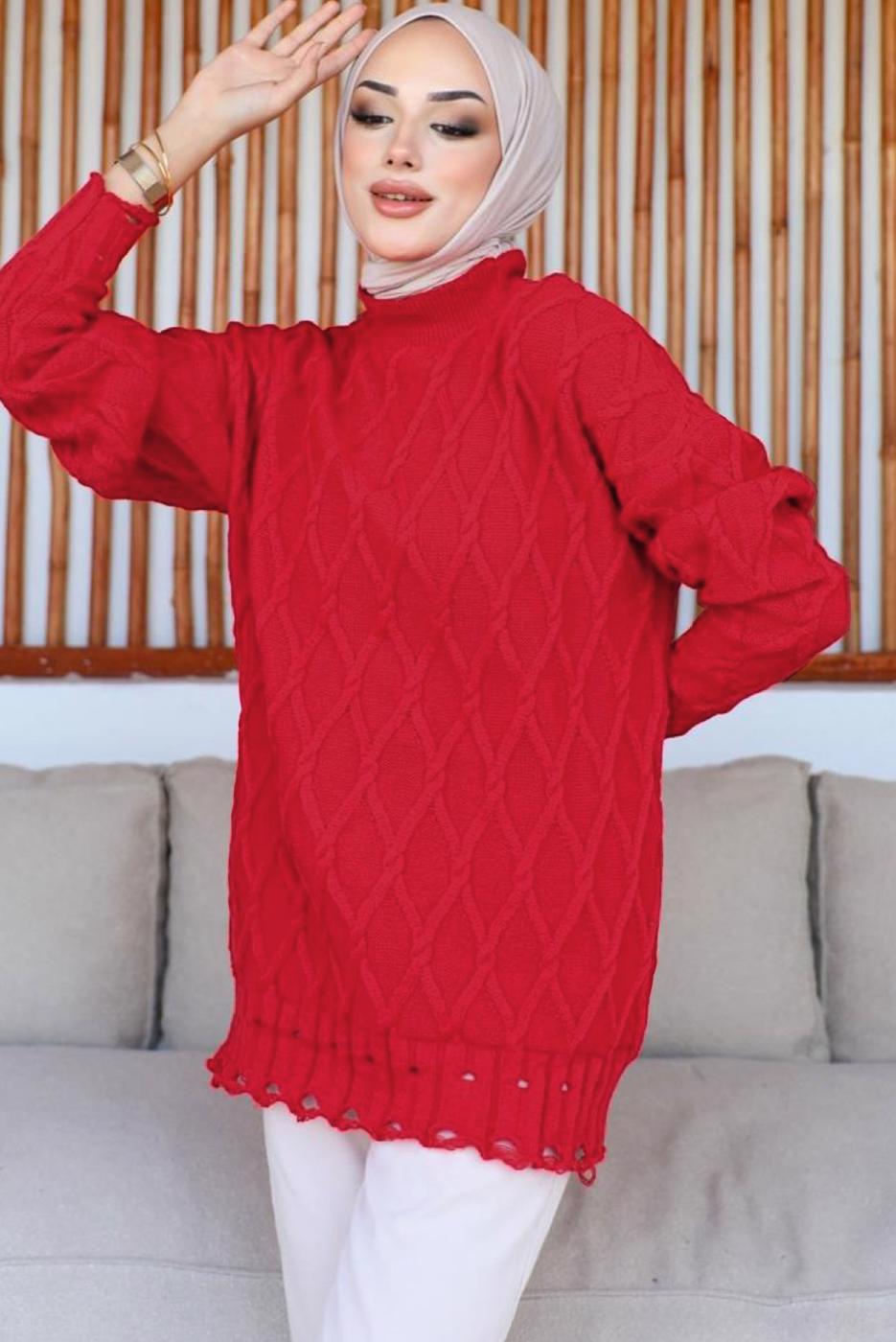 Tesettür giyim KIRMIZI DESENLİ TRİKO TUNİK T 0863