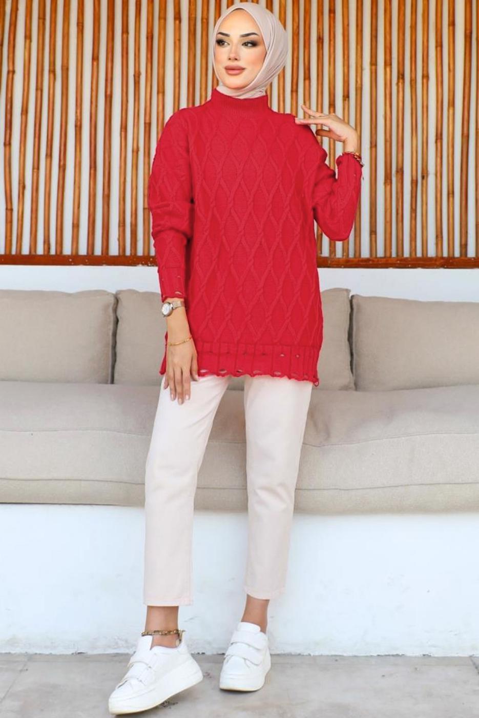 Tesettür giyim KIRMIZI DESENLİ TRİKO TUNİK T 0863