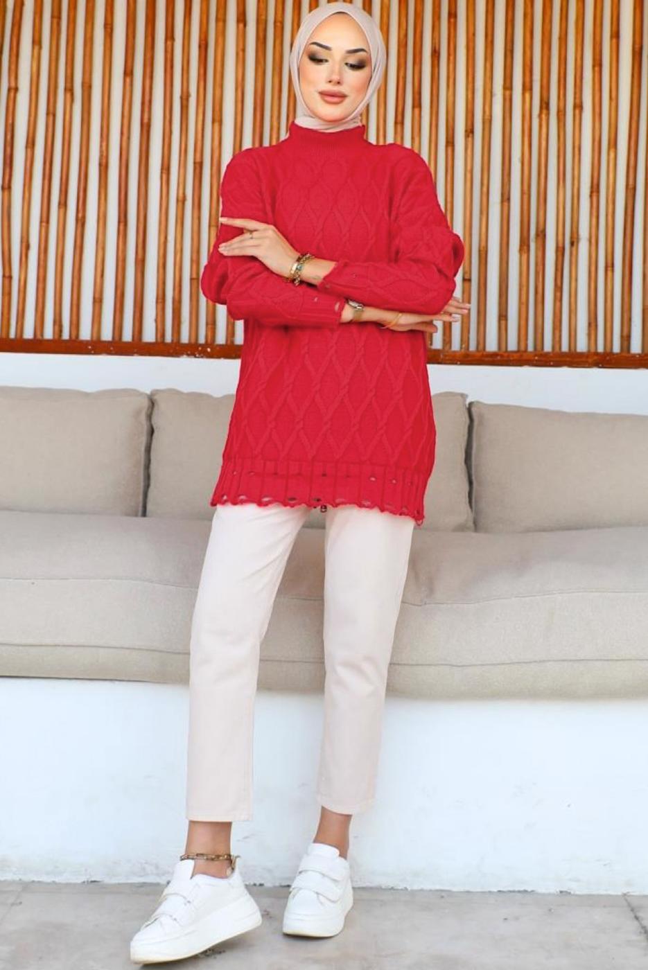 Tesettür giyim KIRMIZI DESENLİ TRİKO TUNİK T 0863