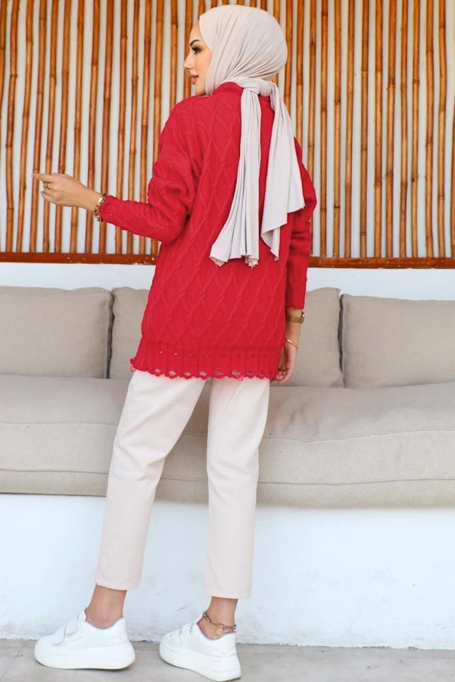 Tesettür giyim KIRMIZI DESENLİ TRİKO TUNİK T 0863