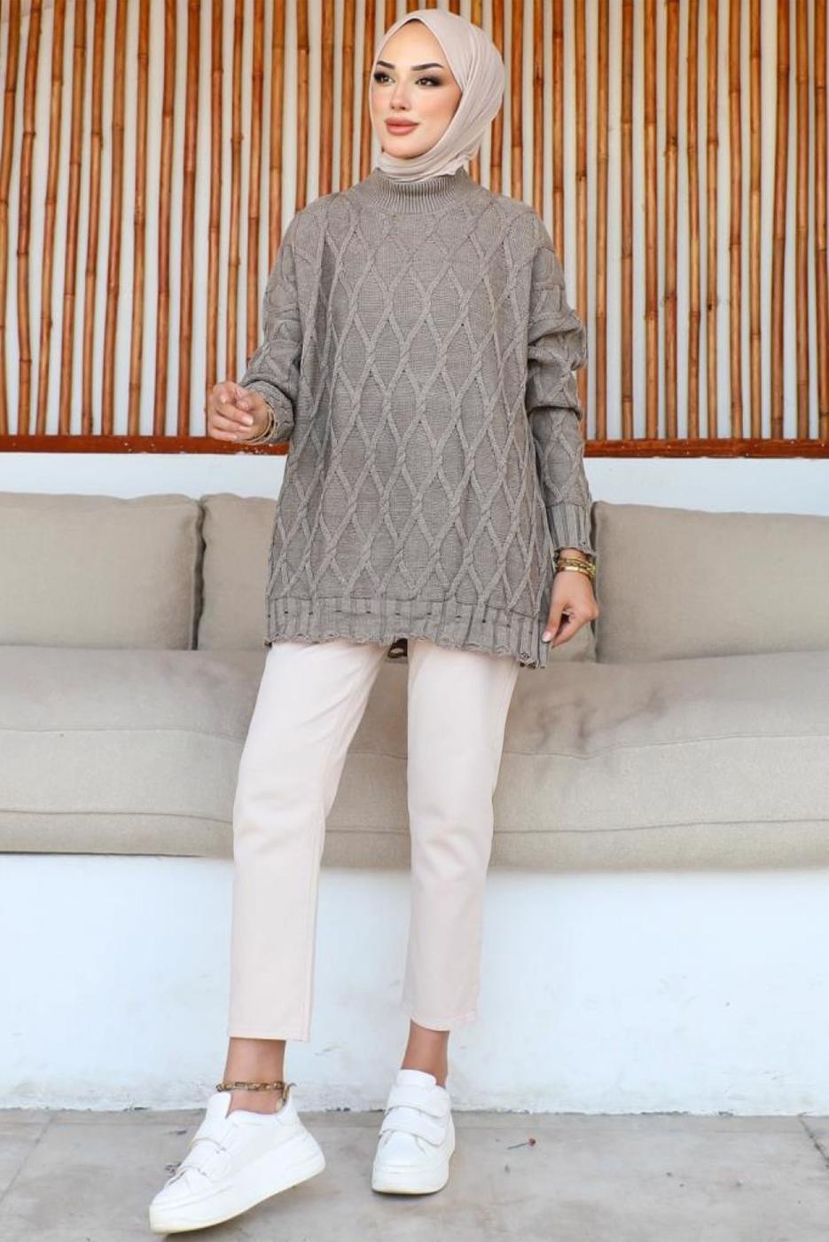 Tesettür giyim VİZON DESENLİ TRİKO TUNİK T 0863