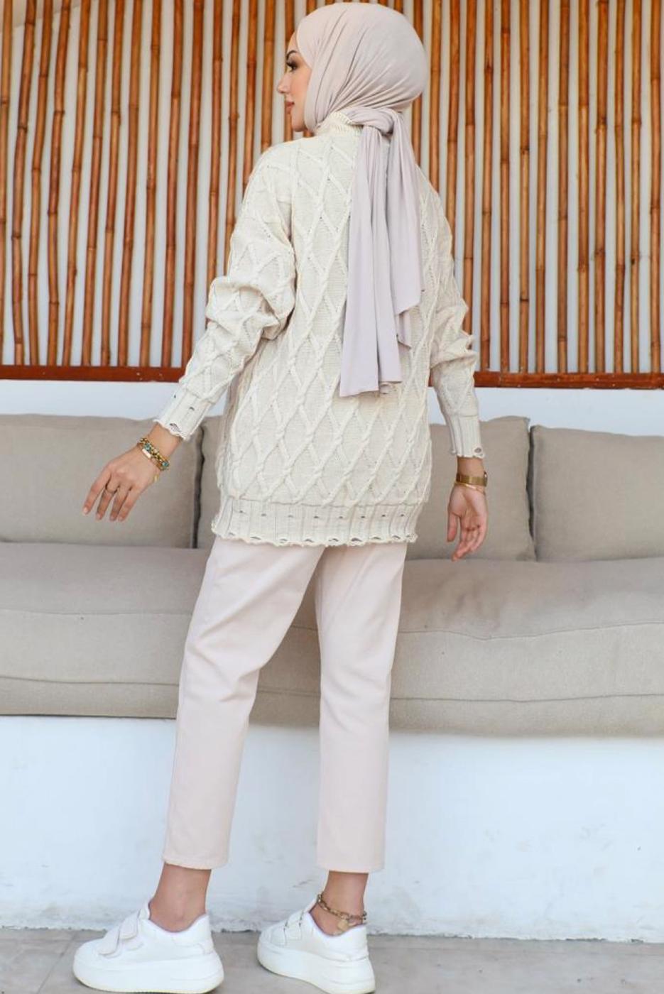 Tesettür giyim BEJ DESENLİ TRİKO TUNİK T 0863