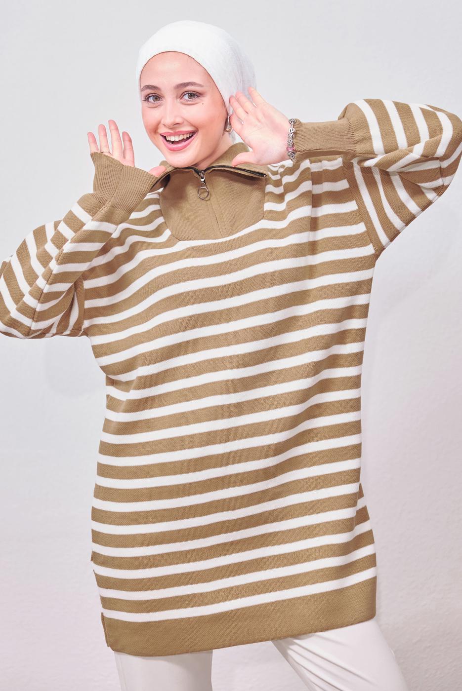 Tesettür giyim KAHVE ÇİZGİLİ TRİKO TUNİK T 0908