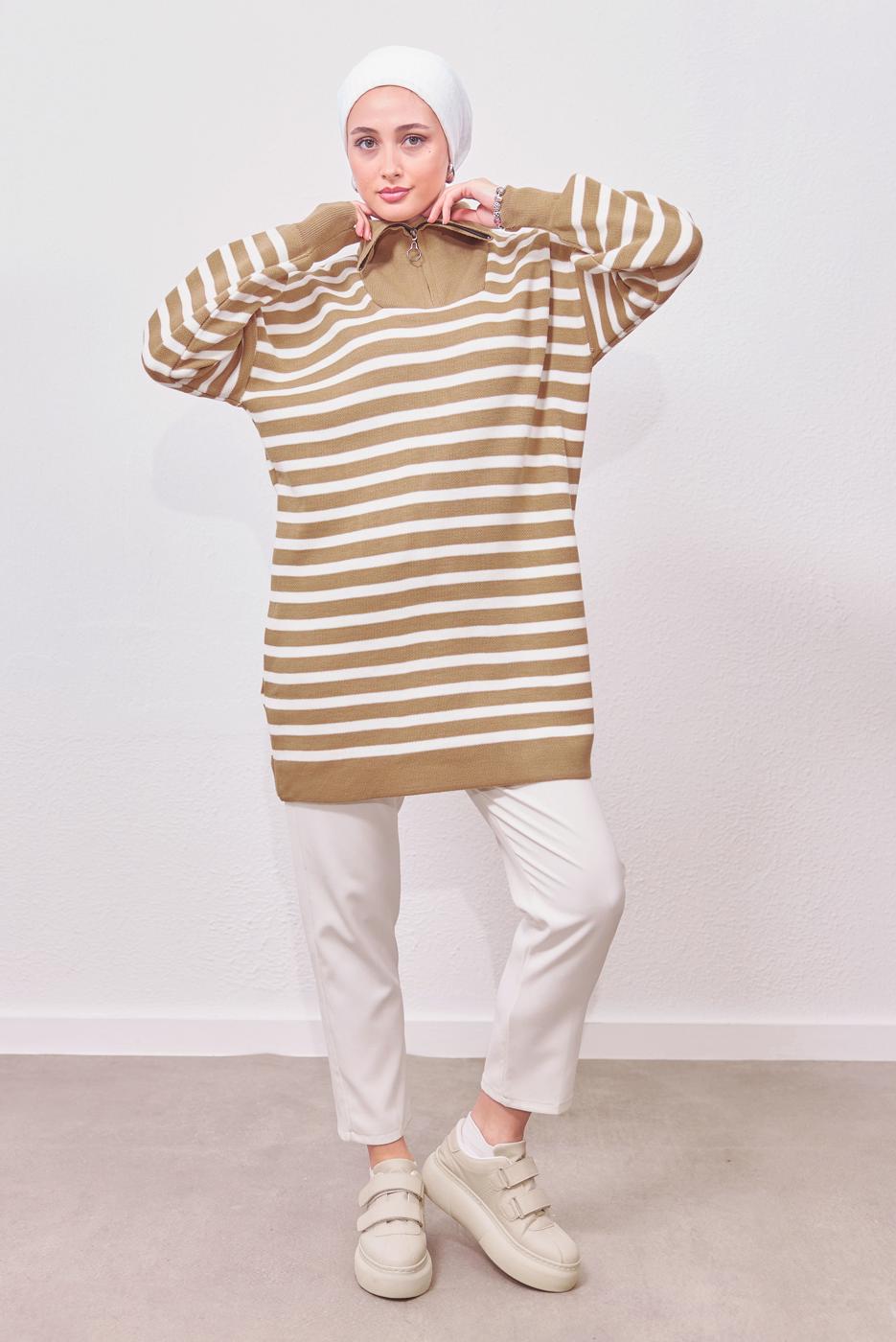 Tesettür giyim KAHVE ÇİZGİLİ TRİKO TUNİK T 0908