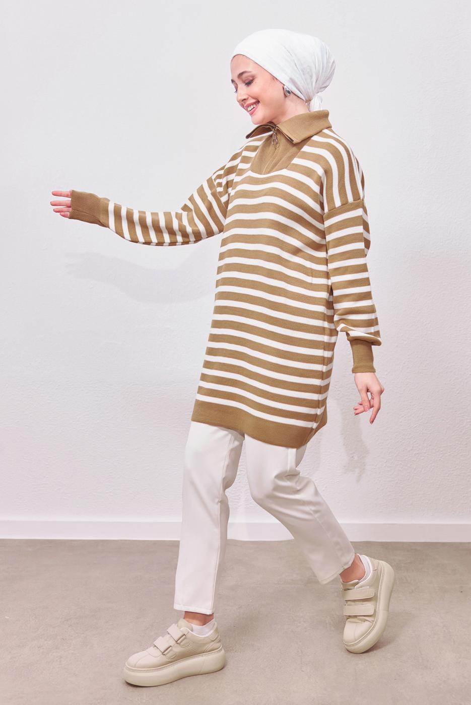 Tesettür giyim KAHVE ÇİZGİLİ TRİKO TUNİK T 0908