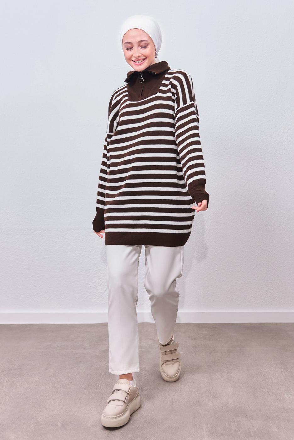 Vêtements hijab BRUN TUNIQUE EN MAILLE RAYÉE T 0908