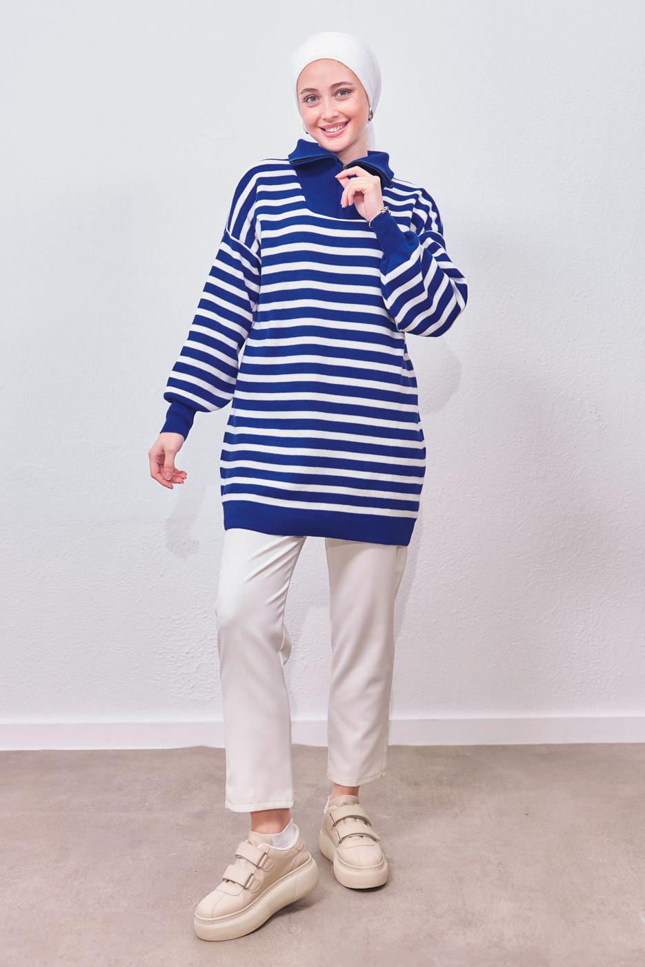 Hijab clothing NAVY BLUE STRIPED KNIT TUNIC T 0908