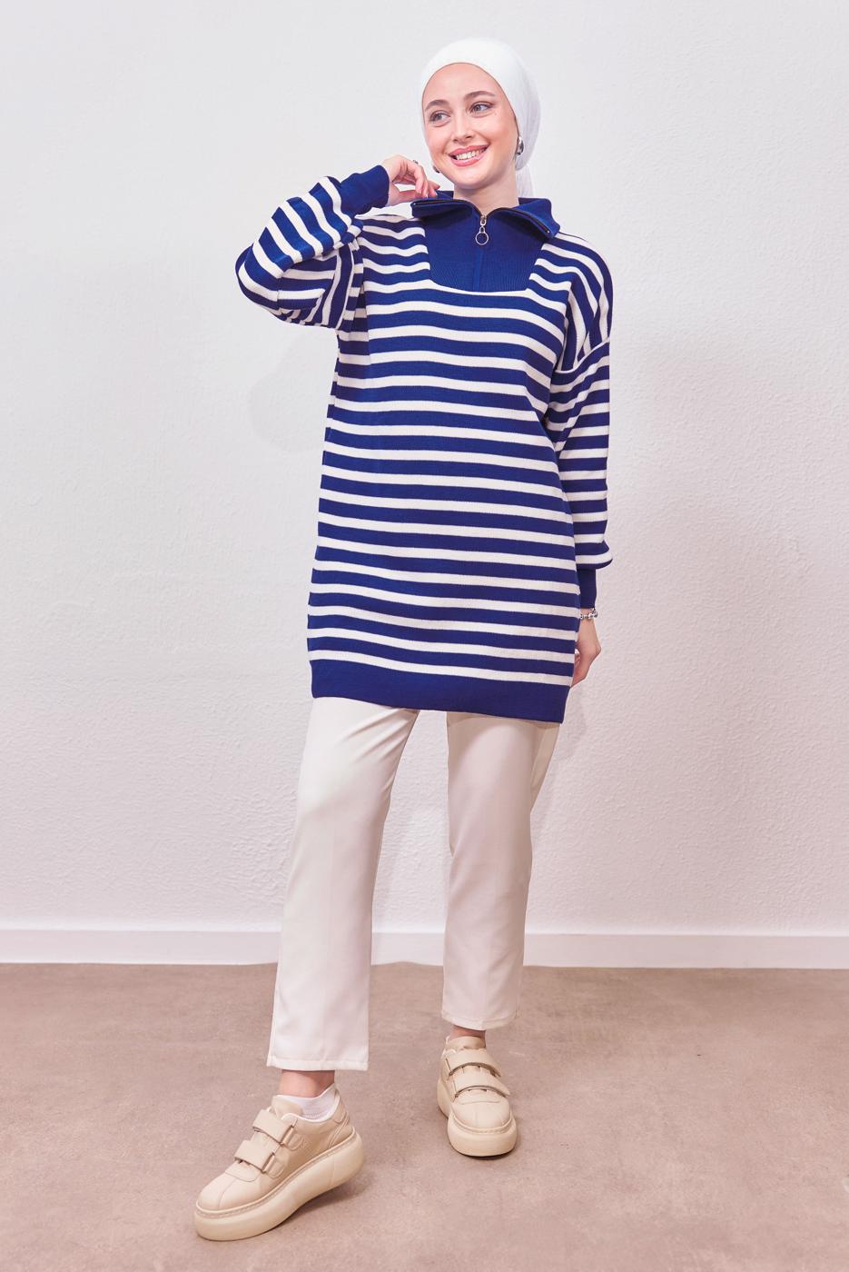 Hijab clothing NAVY BLUE STRIPED KNIT TUNIC T 0908