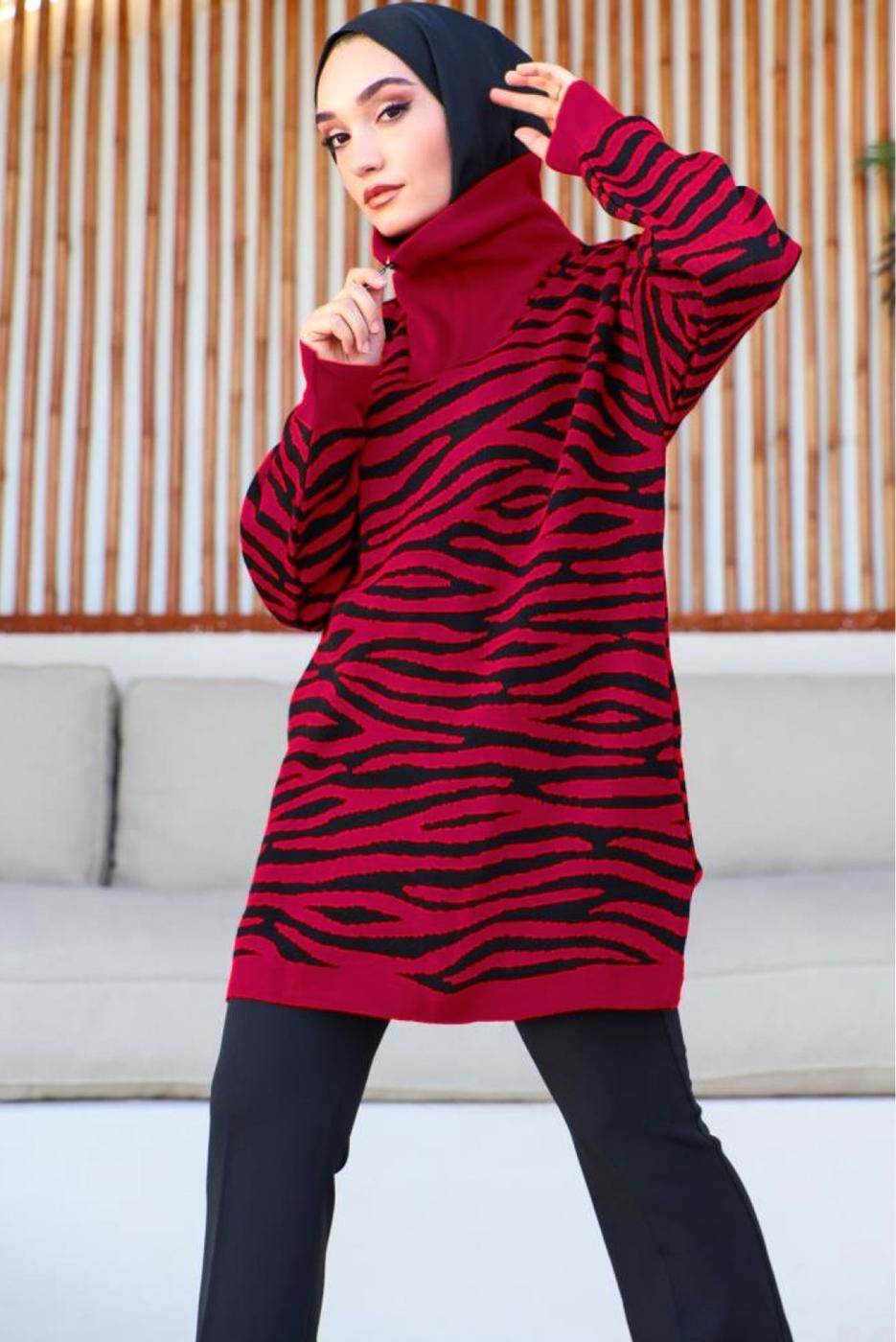 Tesettür giyim KIRMIZI ZEBRA DESENLİ TRİKO TUNİK T 12011