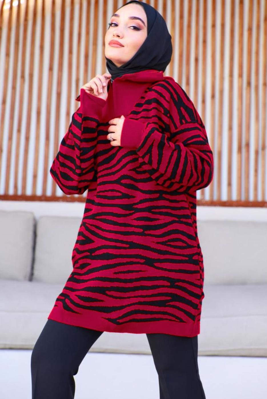 Tesettür giyim KIRMIZI ZEBRA DESENLİ TRİKO TUNİK T 12011