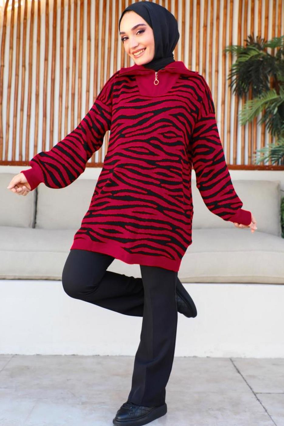 Tesettür giyim KIRMIZI ZEBRA DESENLİ TRİKO TUNİK T 12011