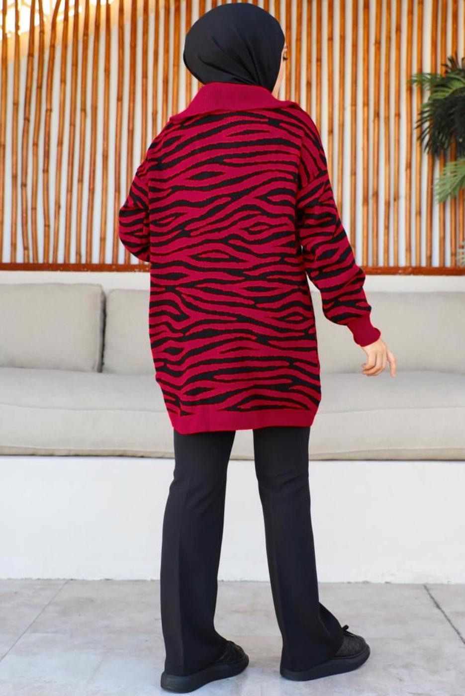 Tesettür giyim KIRMIZI ZEBRA DESENLİ TRİKO TUNİK T 12011