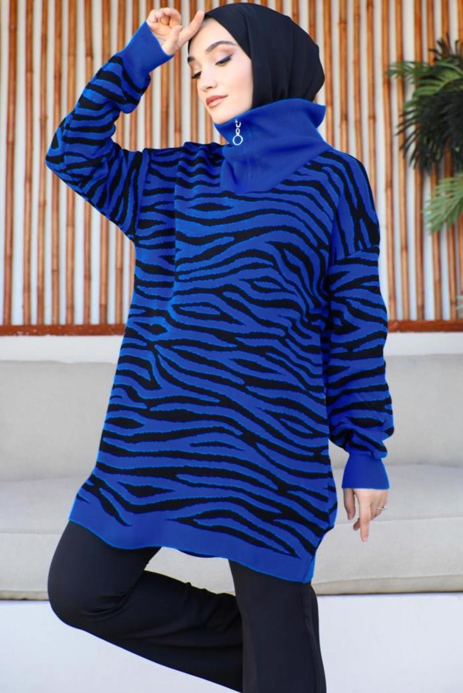 Tesettür giyim LACİVERT ZEBRA DESENLİ TRİKO TUNİK T 12011