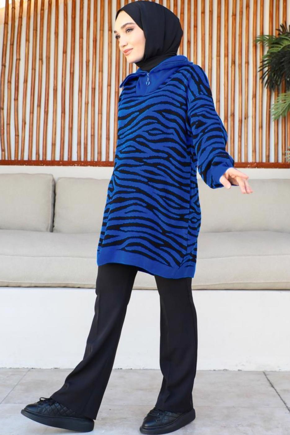 Tesettür giyim LACİVERT ZEBRA DESENLİ TRİKO TUNİK T 12011