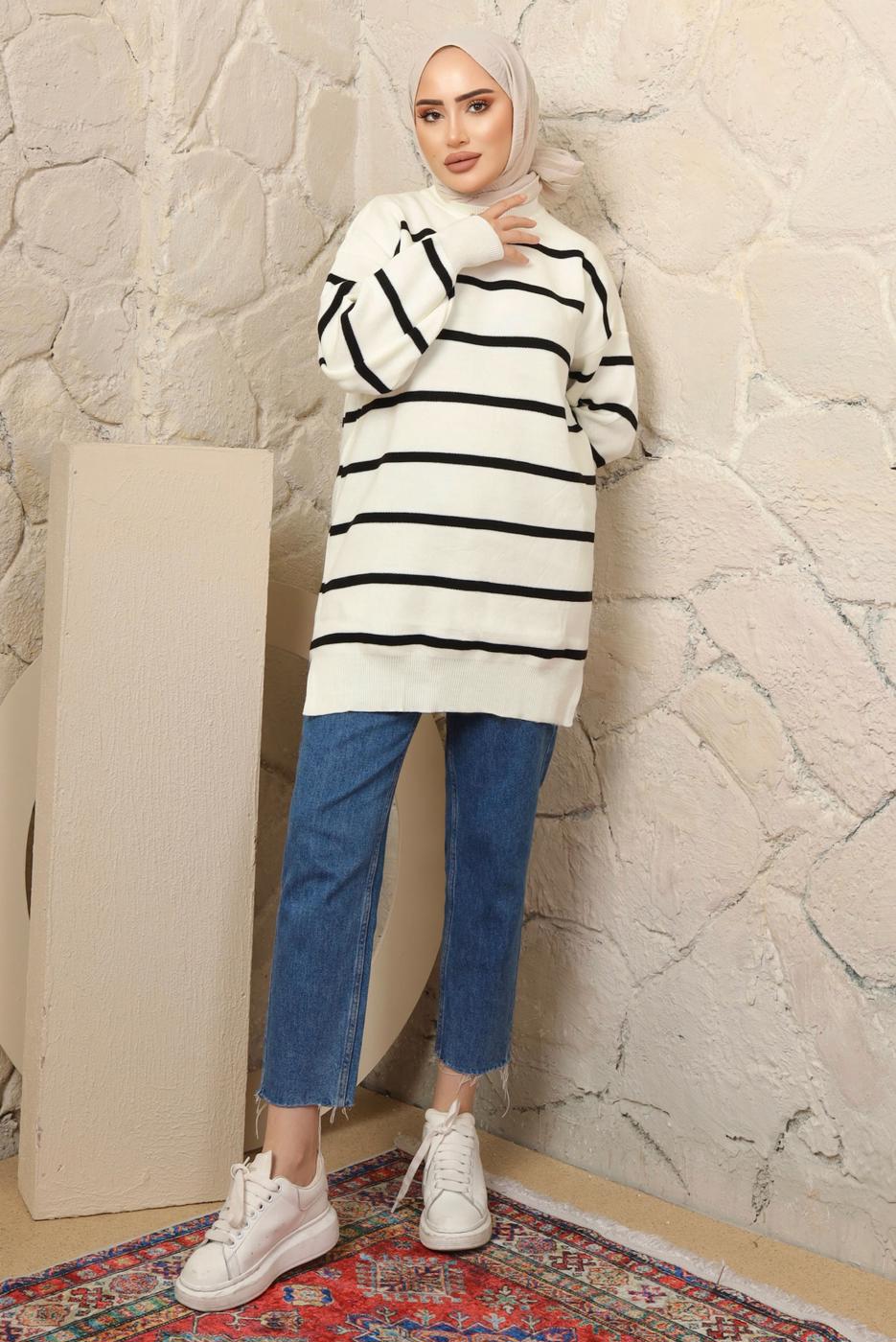 Tesettür giyim SİYAH ÇİZGİLİ TRİKO TUNİK T 1608