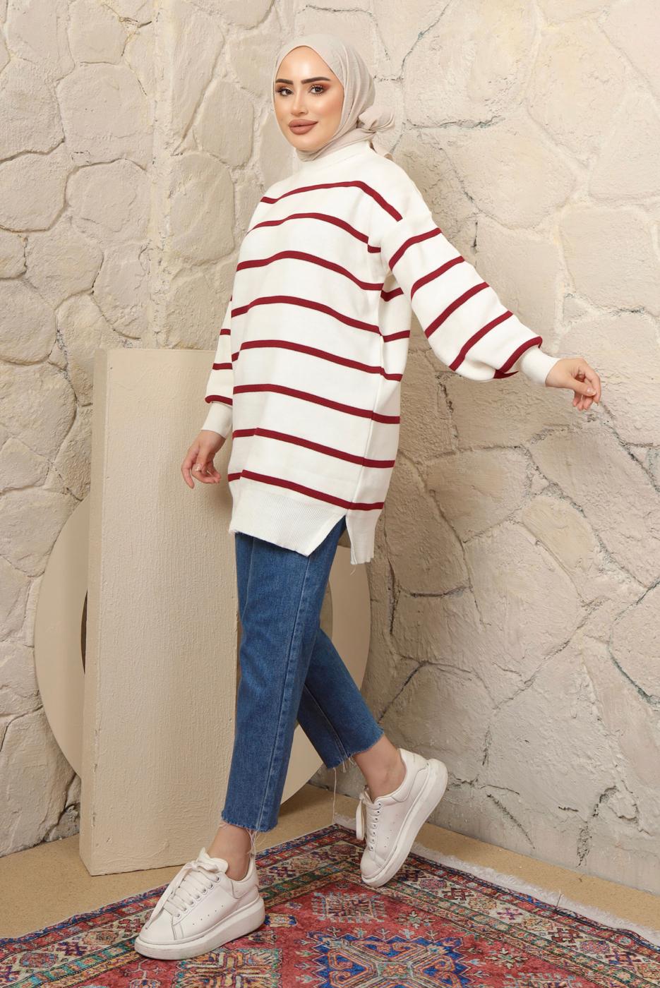 Hijab clothing RED STRIPED KNITWEAR TUNIC T 1608