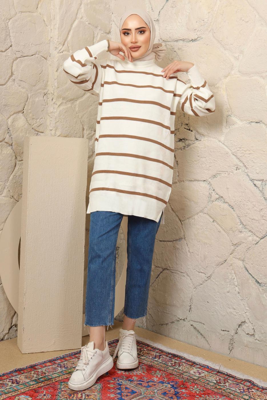 Tesettür giyim KAHVE ÇİZGİLİ TRİKO TUNİK T 1608