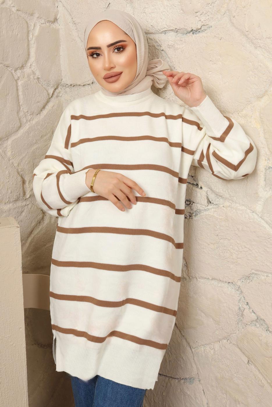 Tesettür giyim KAHVE ÇİZGİLİ TRİKO TUNİK T 1608