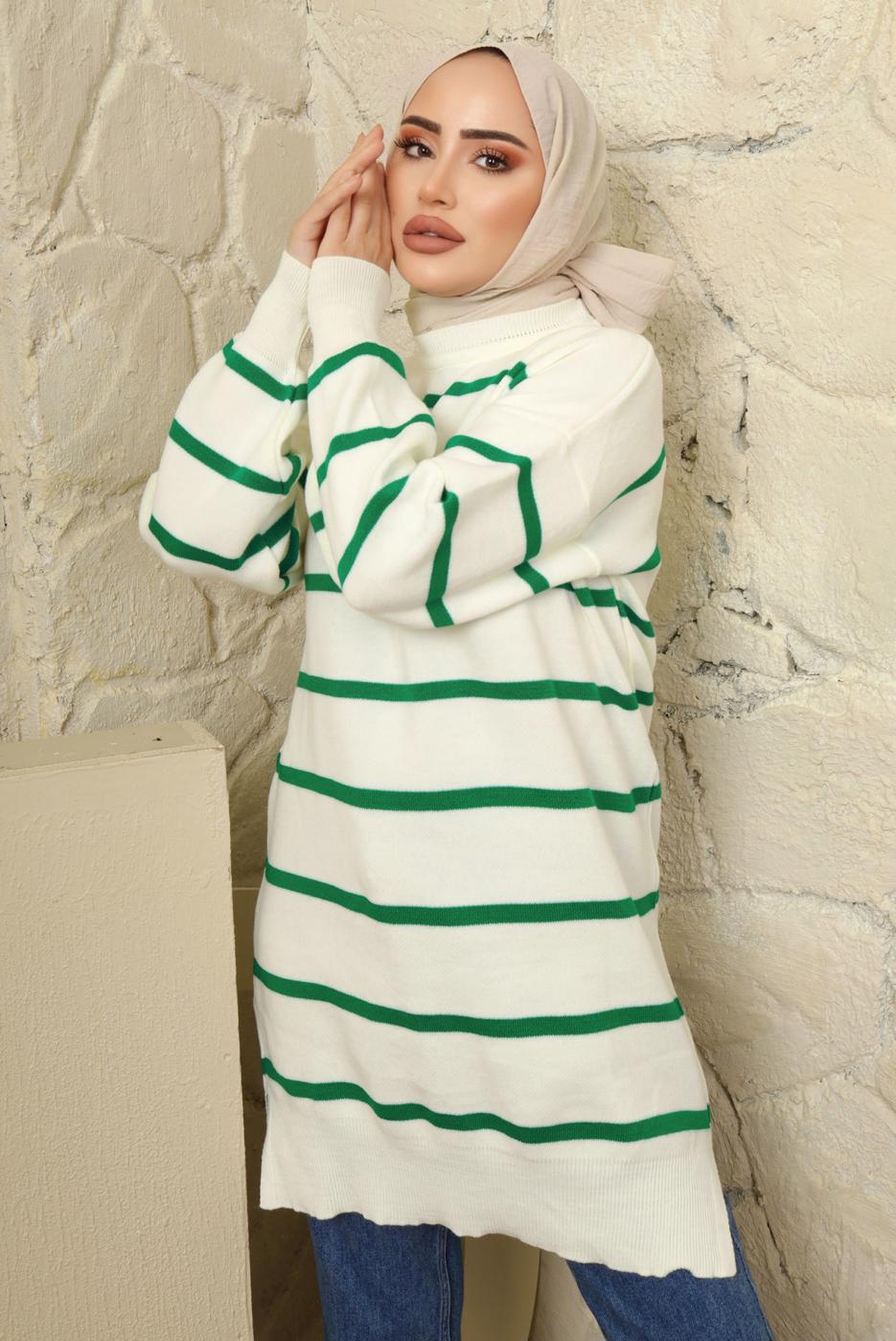 Vêtements hijab VERT TUNIQUE EN TRICOT À RAYURES T 1608