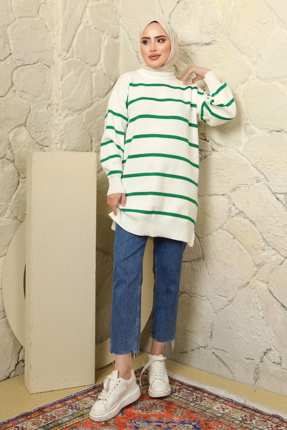 Vêtements hijab VERT TUNIQUE EN TRICOT À RAYURES T 1608