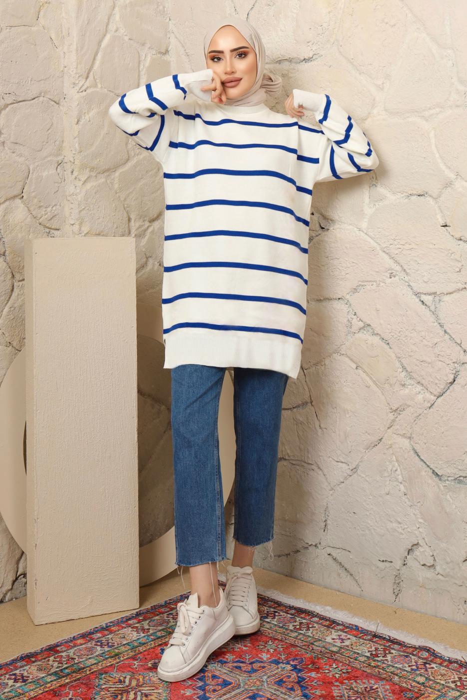 Tesettür giyim LACİVERT ÇİZGİLİ TRİKO TUNİK T 1608