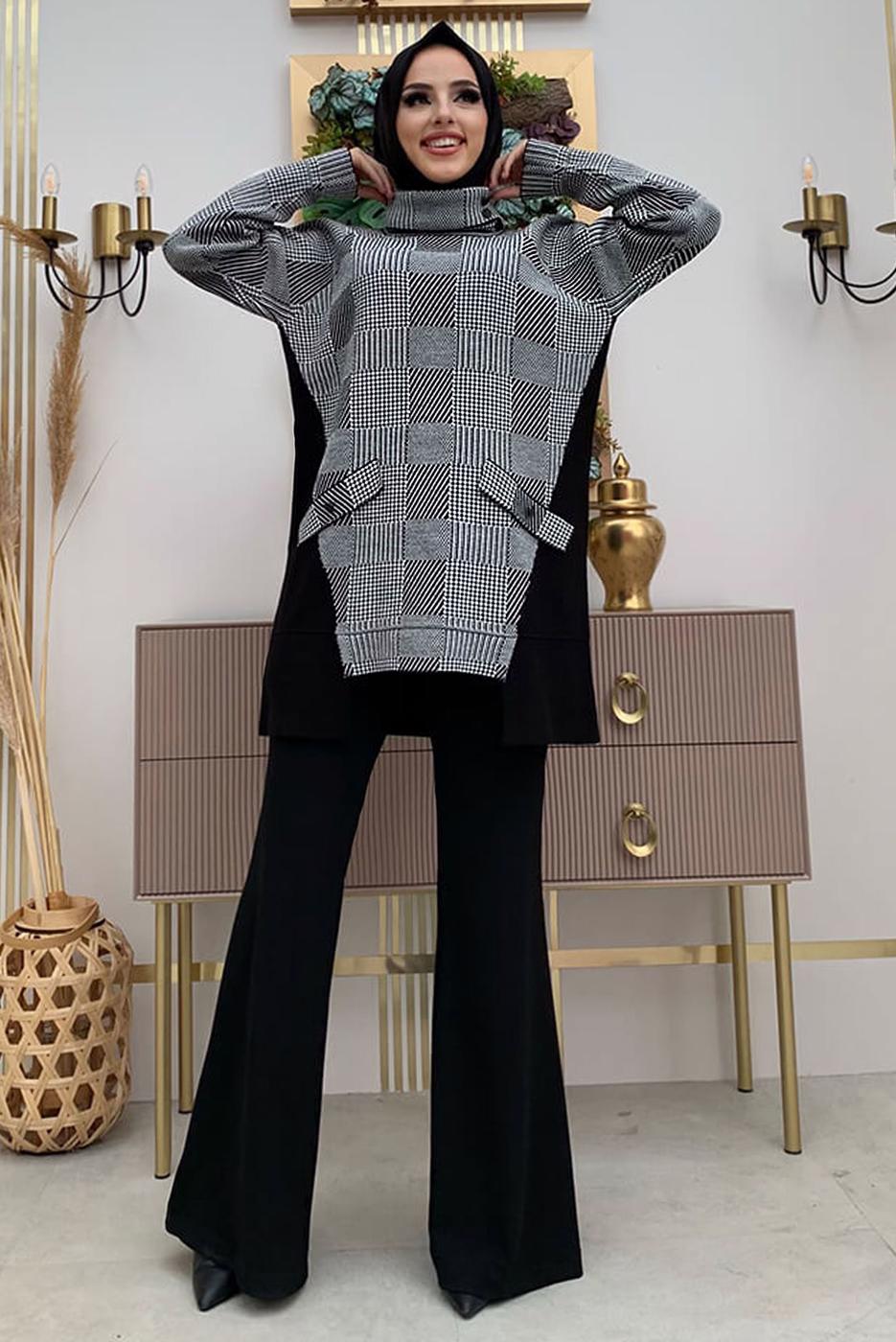 Tesettür giyim SİYAH BOĞAZLI YAKA TRİKO TUNİK T 1834