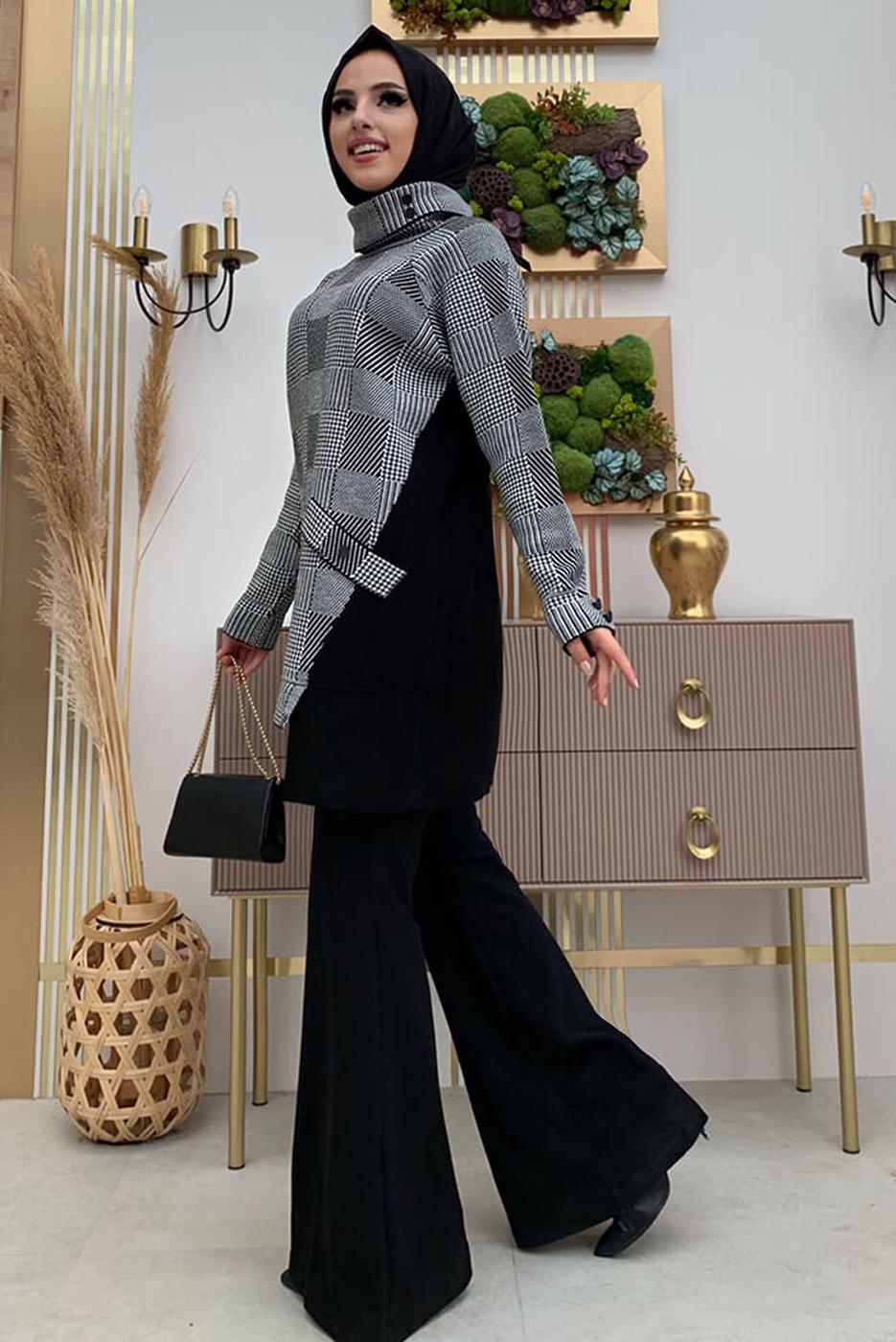 Tesettür giyim SİYAH BOĞAZLI YAKA TRİKO TUNİK T 1834