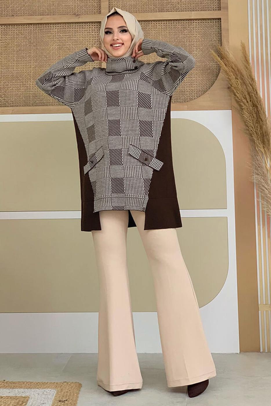 Tesettür giyim KAHVE BOĞAZLI YAKA TRİKO TUNİK T 1834