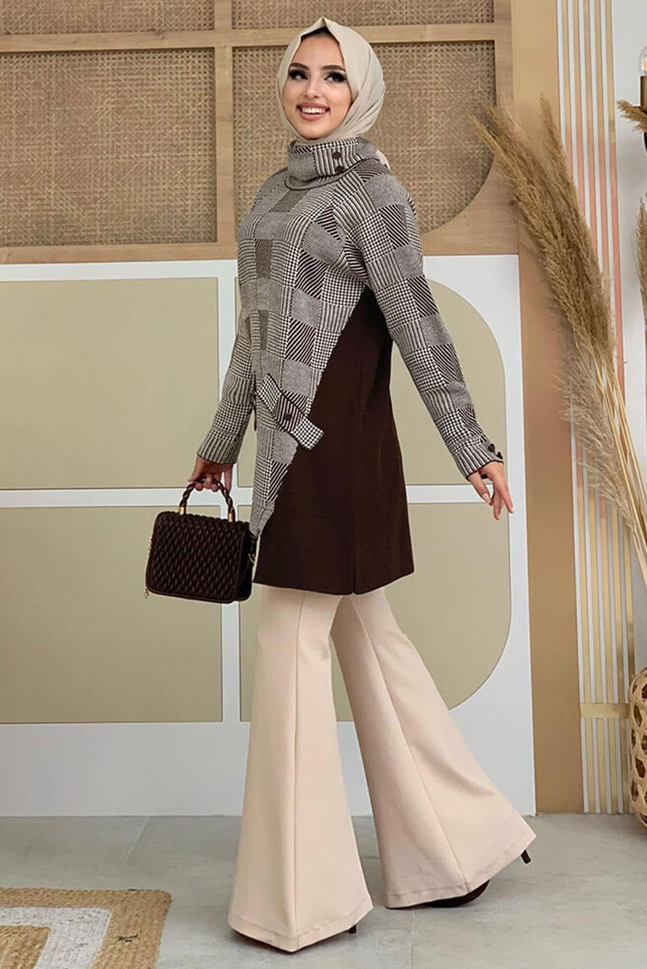 Tesettür giyim KAHVE BOĞAZLI YAKA TRİKO TUNİK T 1834