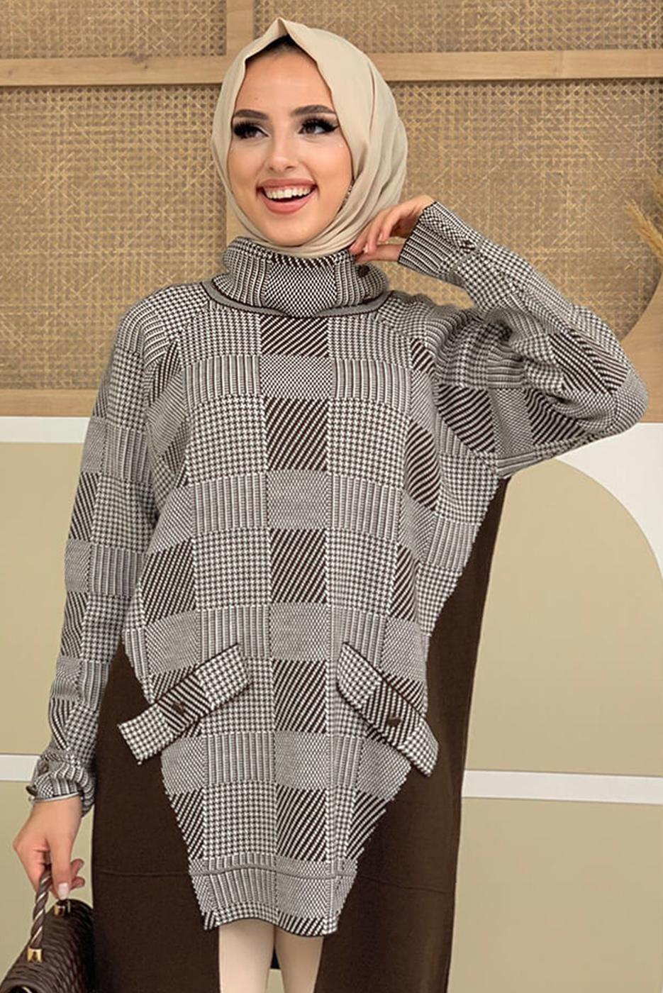 Tesettür giyim KAHVE BOĞAZLI YAKA TRİKO TUNİK T 1834