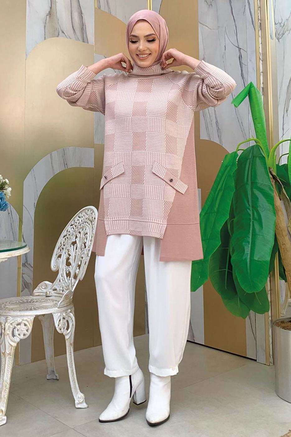 Tesettür giyim PUDRA BOĞAZLI YAKA TRİKO TUNİK T 1834