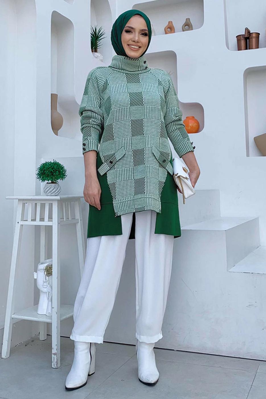 Tesettür giyim YEŞİL BOĞAZLI YAKA TRİKO TUNİK T 1834