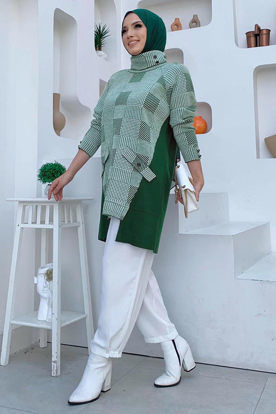 Tesettür giyim YEŞİL BOĞAZLI YAKA TRİKO TUNİK T 1834