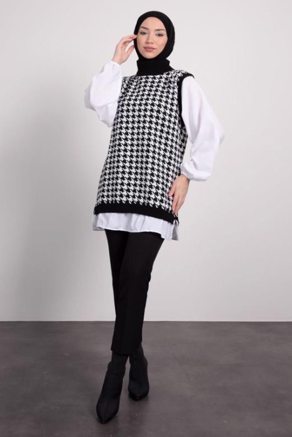 Hijab clothing BLACK PATTERNED KNIT TUNIC T 1846