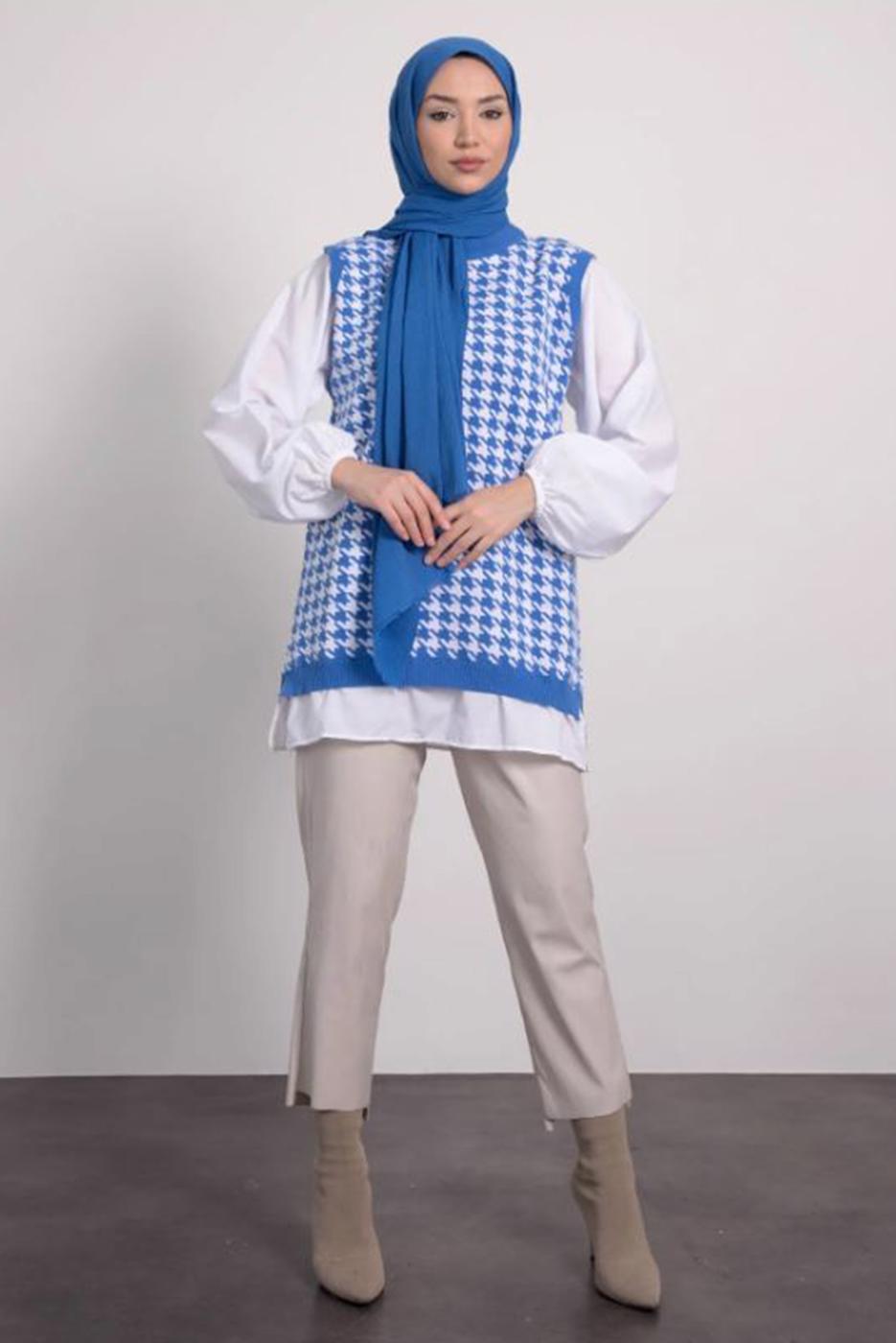 Tesettür giyim MAVİ DESENLİ TRİKO TUNİK T 1846