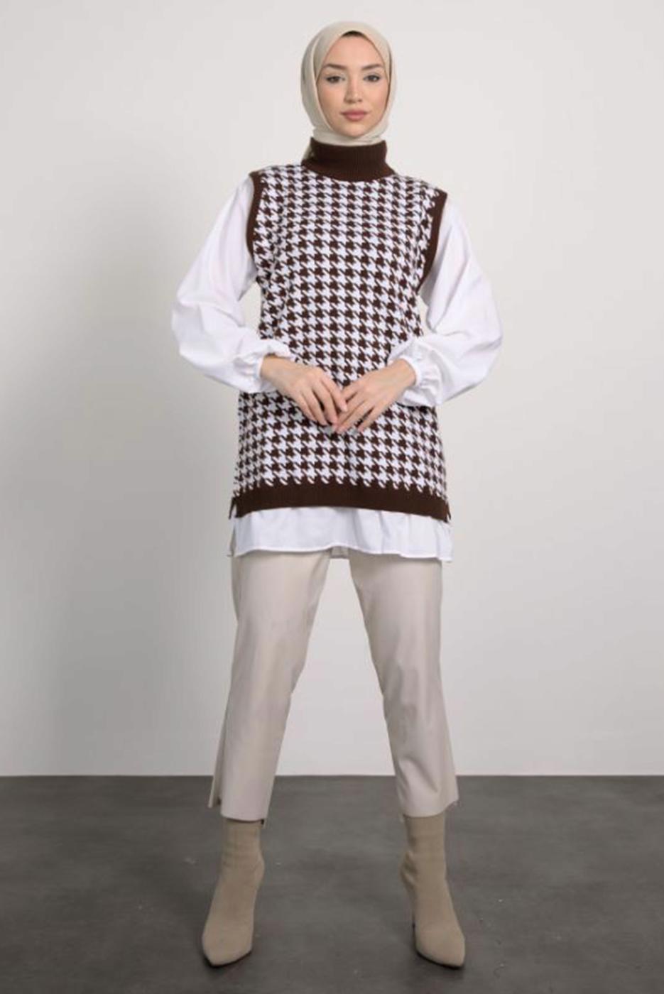 Tesettür giyim KAHVE DESENLİ TRİKO TUNİK T 1846