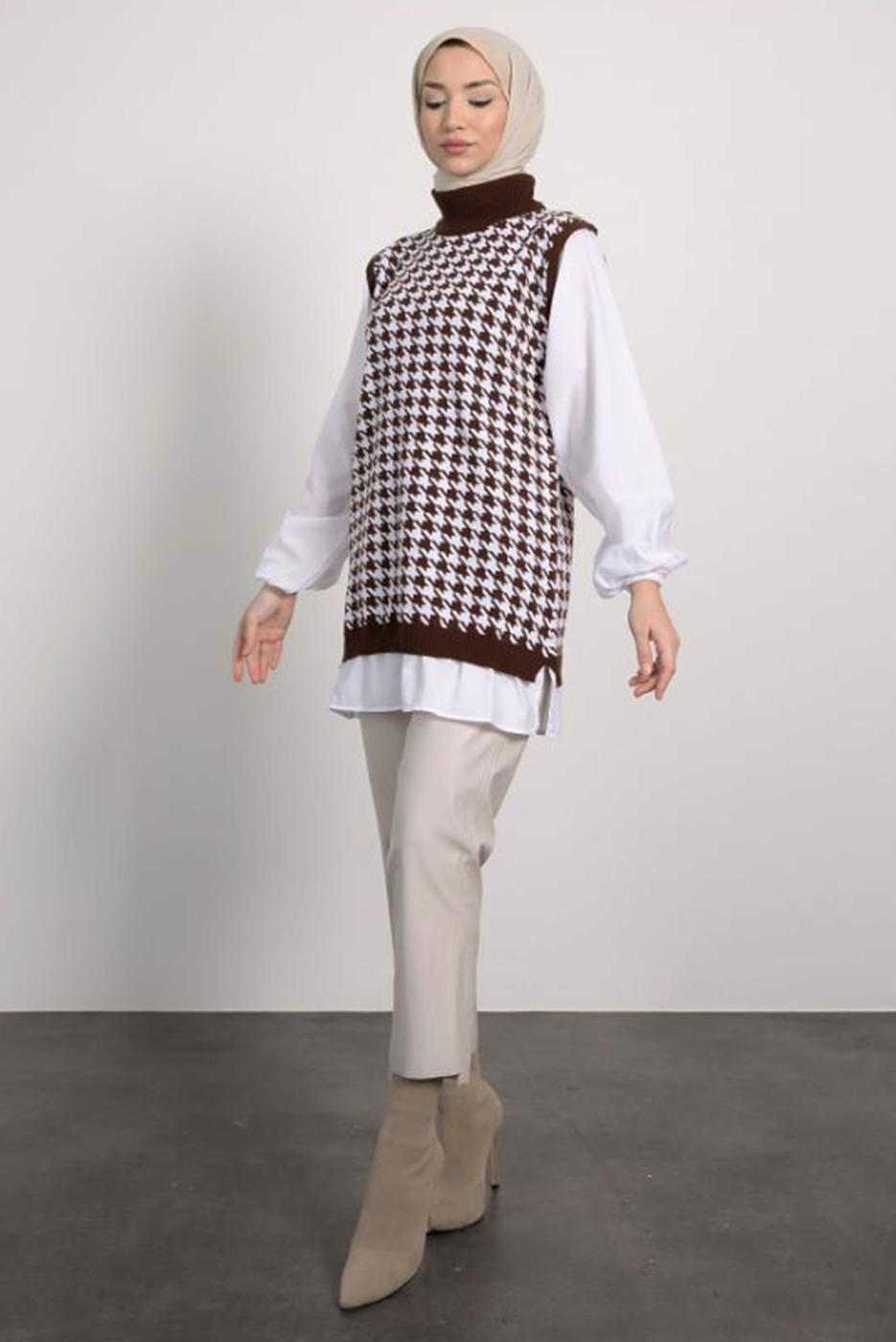 Tesettür giyim KAHVE DESENLİ TRİKO TUNİK T 1846