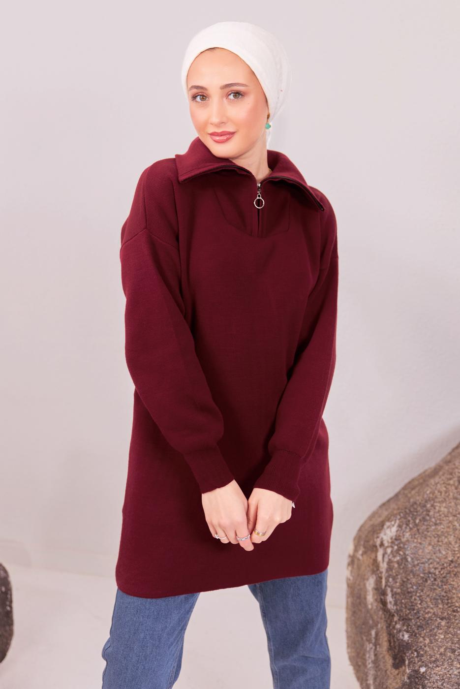 Tesettür giyim BORDO YAKA FERMUARLI TRİKO TUNİK T 1908