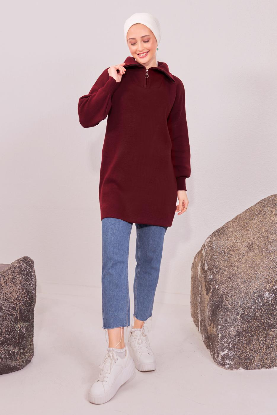 Tesettür giyim BORDO YAKA FERMUARLI TRİKO TUNİK T 1908