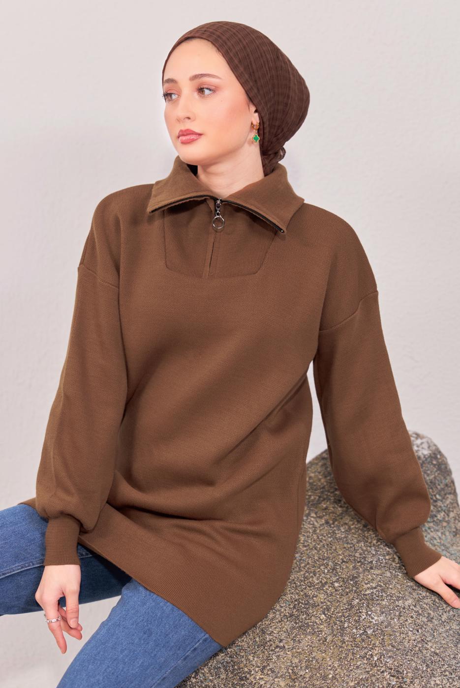 Tesettür giyim KAHVE YAKA FERMUARLI TRİKO TUNİK T 1908