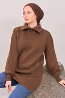 Tesettür giyim KAHVE YAKA FERMUARLI TRİKO TUNİK T 1908