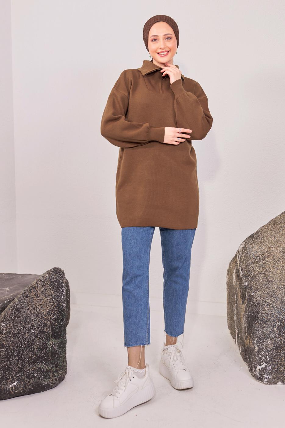 Tesettür giyim KAHVE YAKA FERMUARLI TRİKO TUNİK T 1908