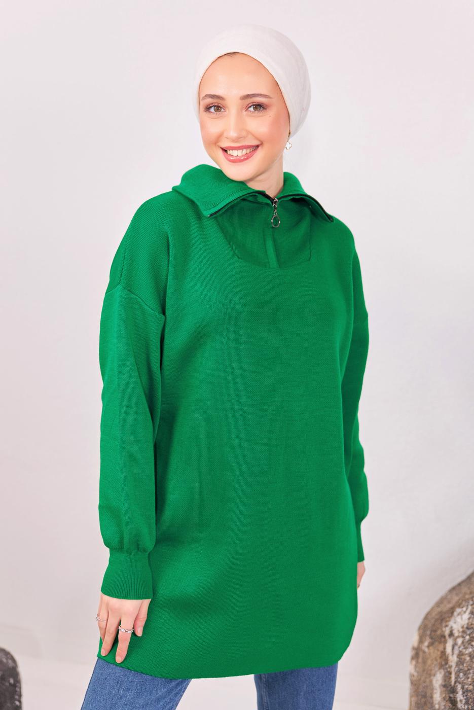 Tesettür giyim YEŞİL YAKA FERMUARLI TRİKO TUNİK T 1908