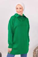 Tesettür giyim YEŞİL YAKA FERMUARLI TRİKO TUNİK T 1908