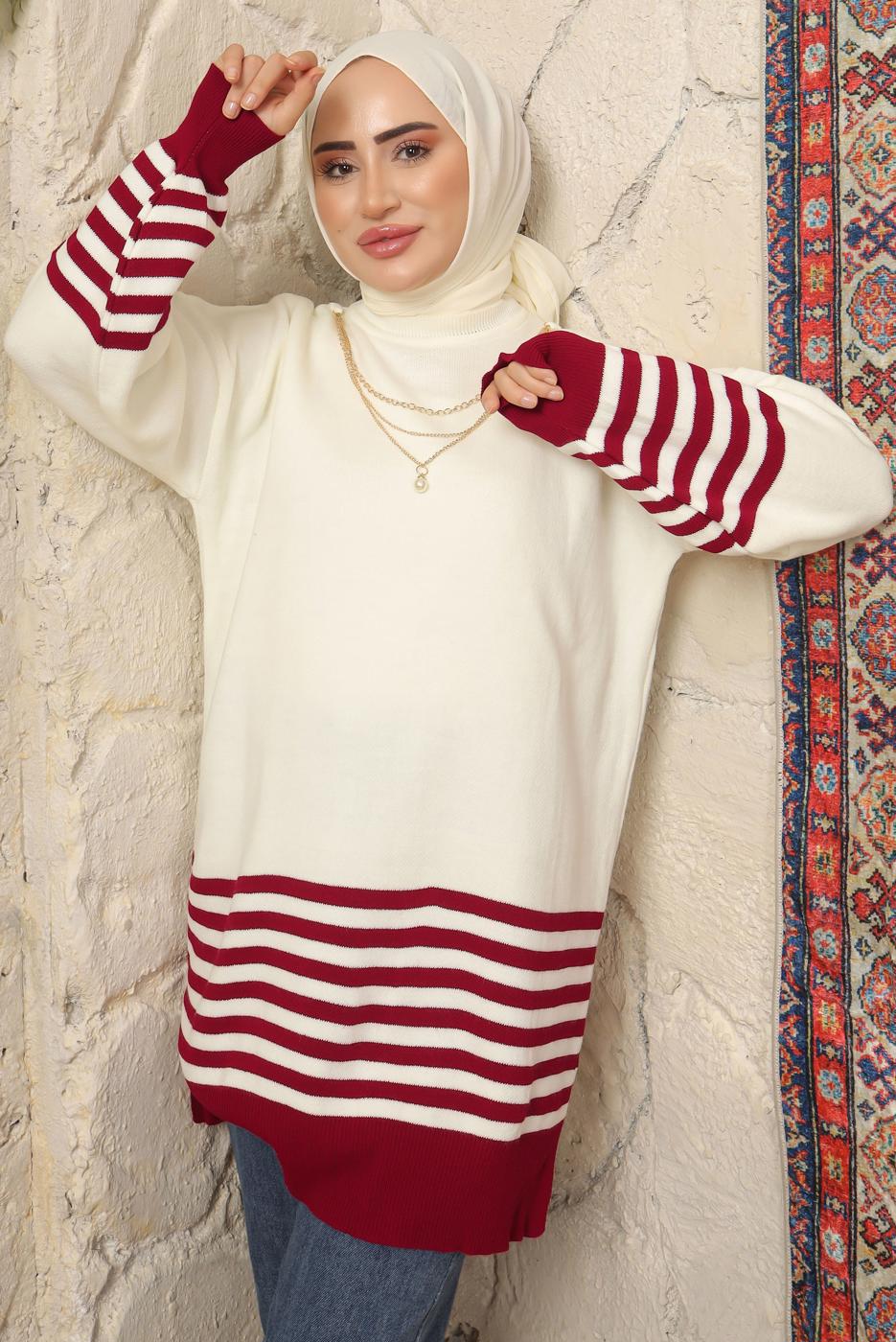 Tesettür giyim BORDO ÇİZGİ DETAYLI TRİKO TUNİK T 2608