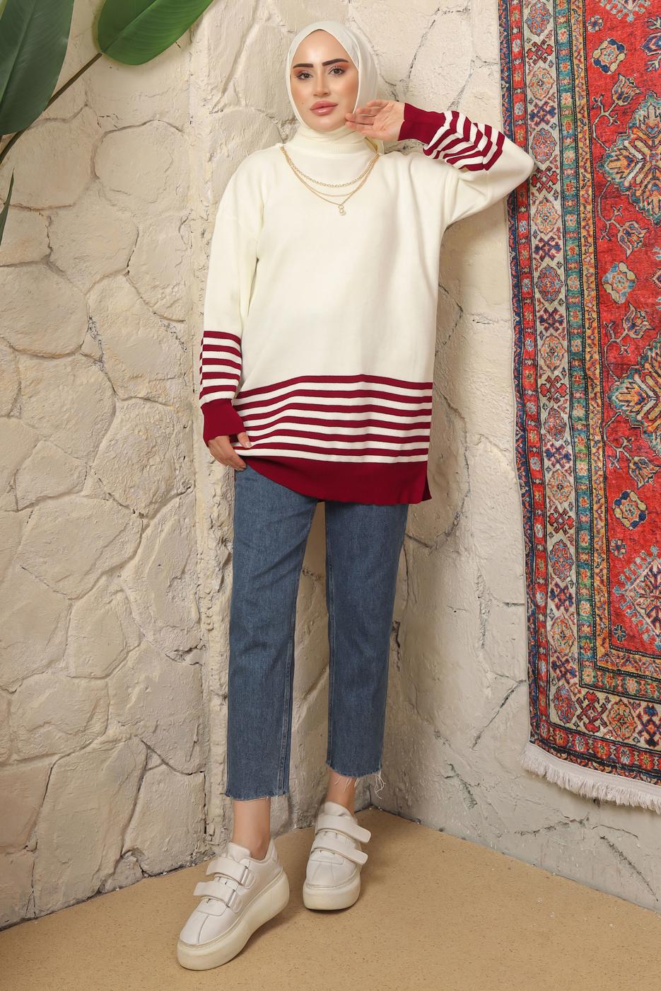 Tesettür giyim BORDO ÇİZGİ DETAYLI TRİKO TUNİK T 2608