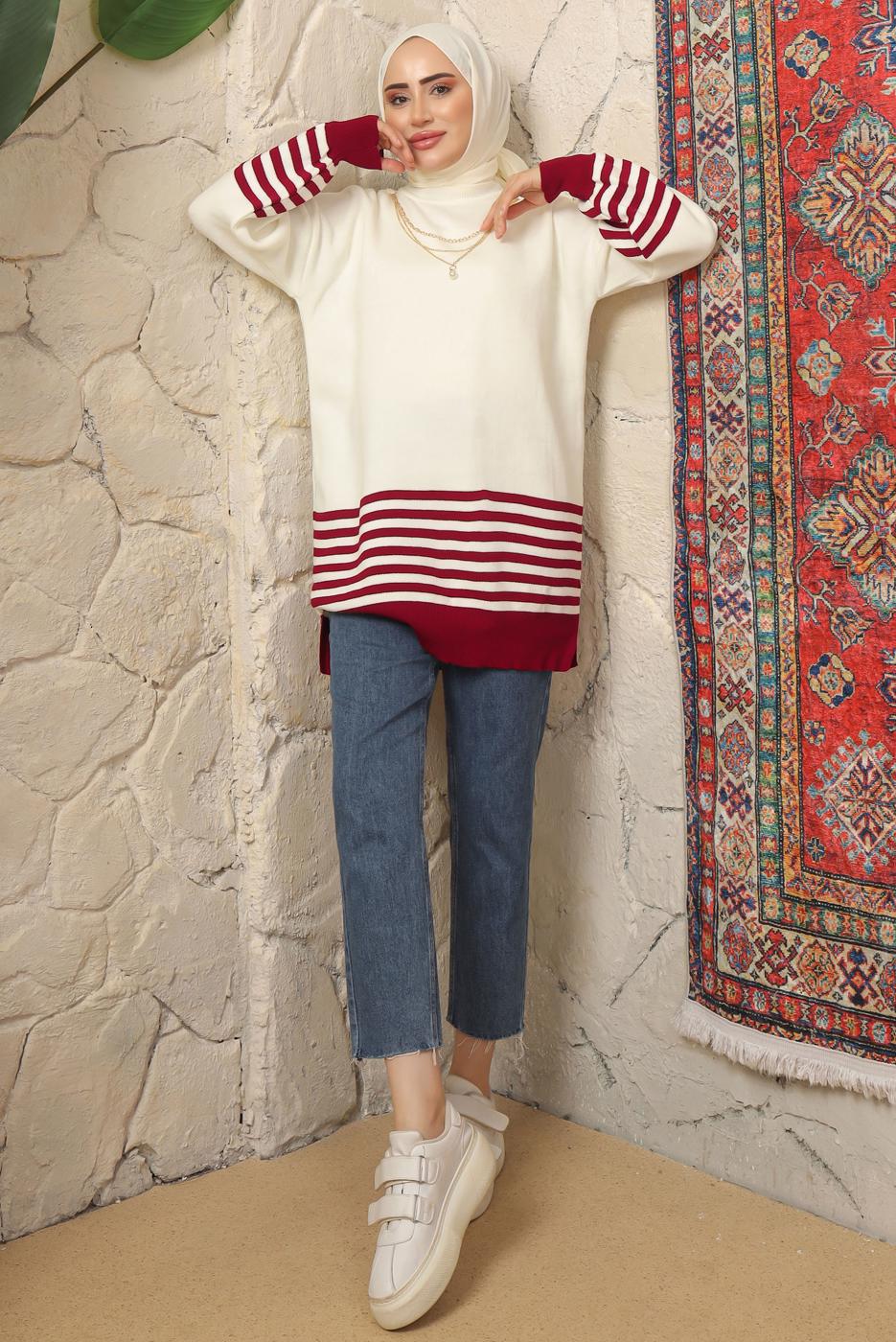 Tesettür giyim BORDO ÇİZGİ DETAYLI TRİKO TUNİK T 2608