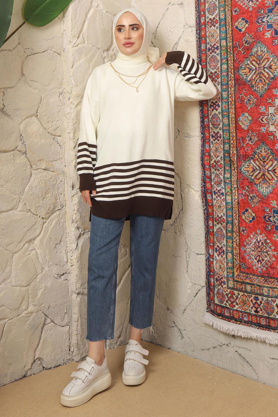 Hijab clothing BROWN STRIPED KNITWEAR TUNIC T 2608