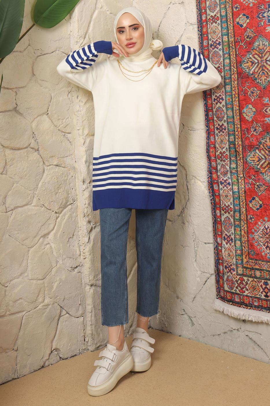 Tesettür giyim LACİVERT ÇİZGİ DETAYLI TRİKO TUNİK T 2608