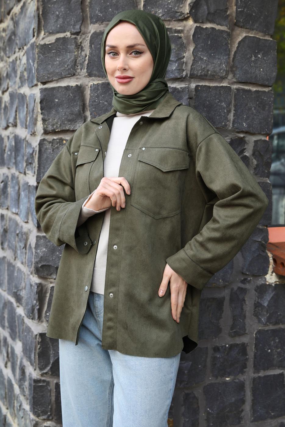 Tesettür giyim HAKİ SÜET GÖMLEK T 3511